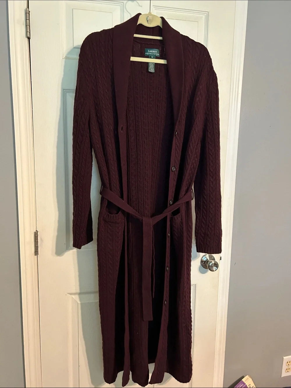Lauren Ralph Lauren Cable Knit Long Belted Cardigan - Burgundy